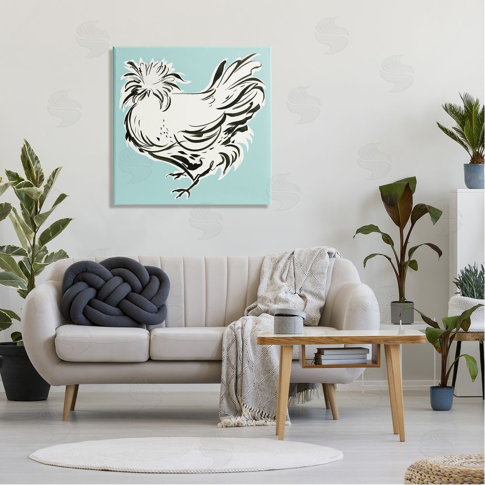 Laura Marr Modern Chicken on Blue Canvas Wall Art in Room