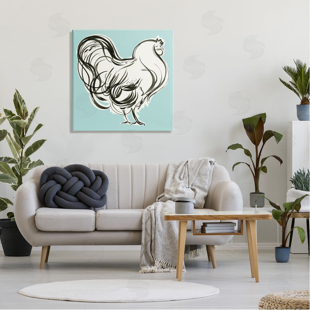 Laura Marr Rooster Drawing on Blue Canvas Wall Art in Room