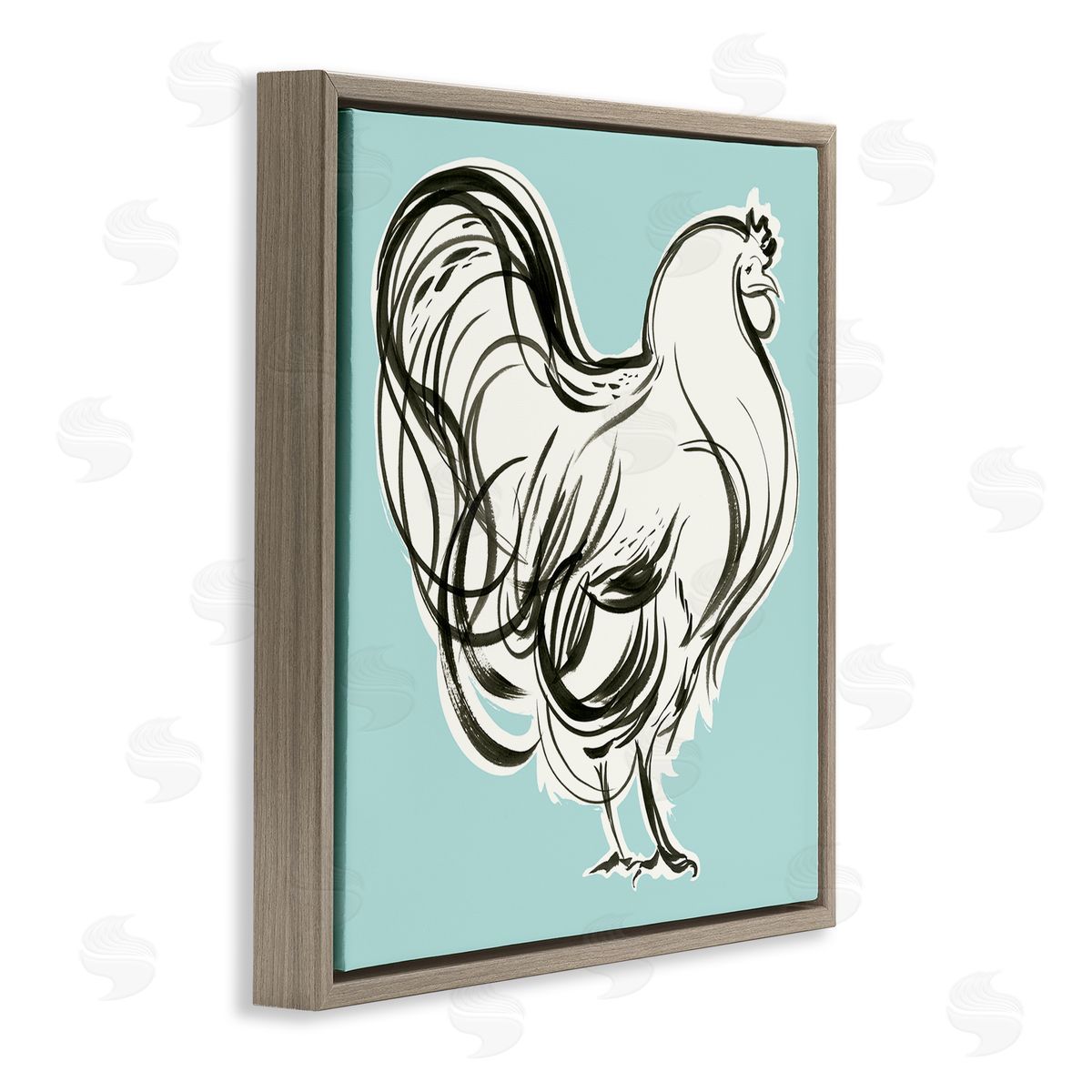 Laura Marr Rooster Drawing on Blue Brown Floating Frame Canvas Wall Art Print