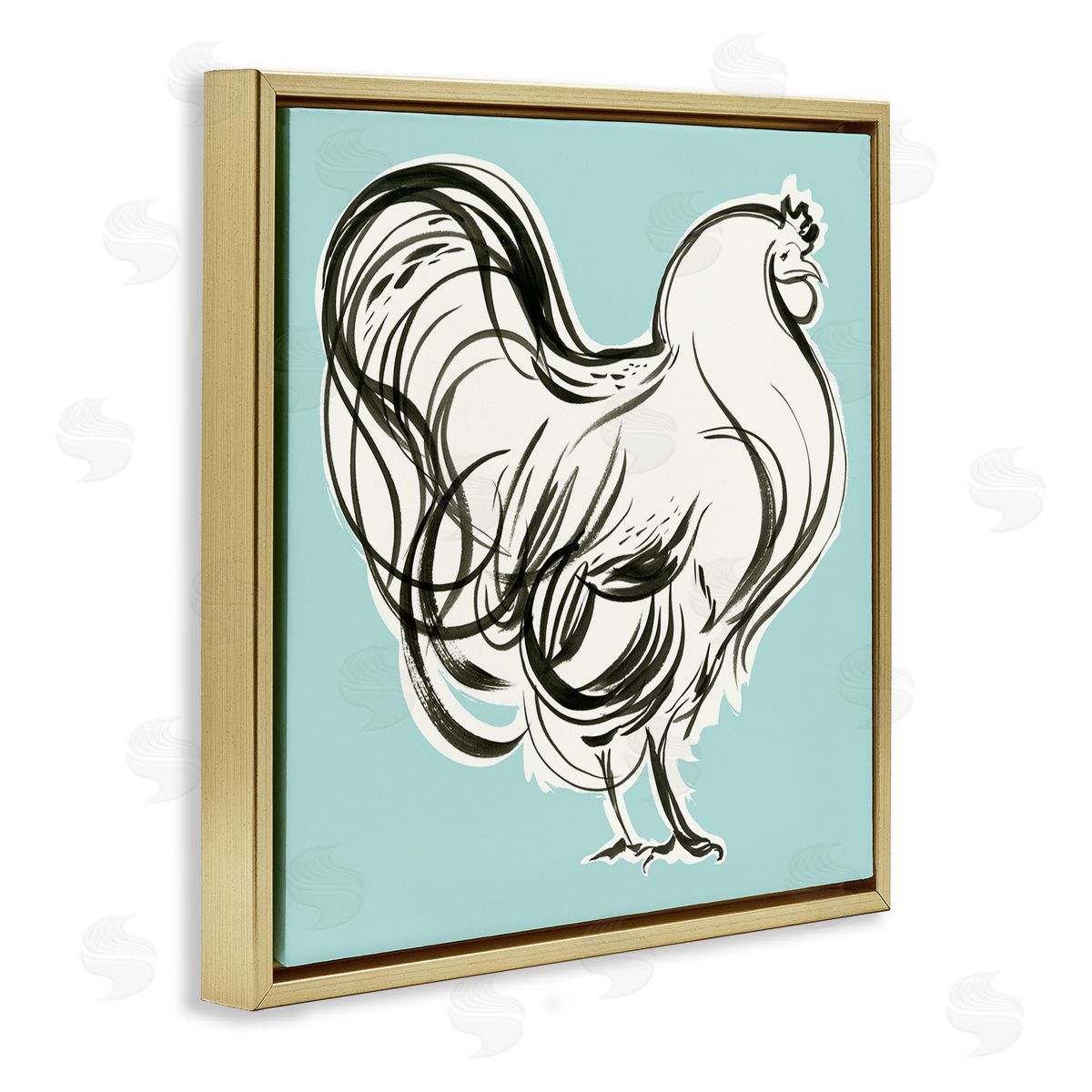 Laura Marr Rooster Drawing on Blue Gold Floating Frame Canvas Wall Art Print