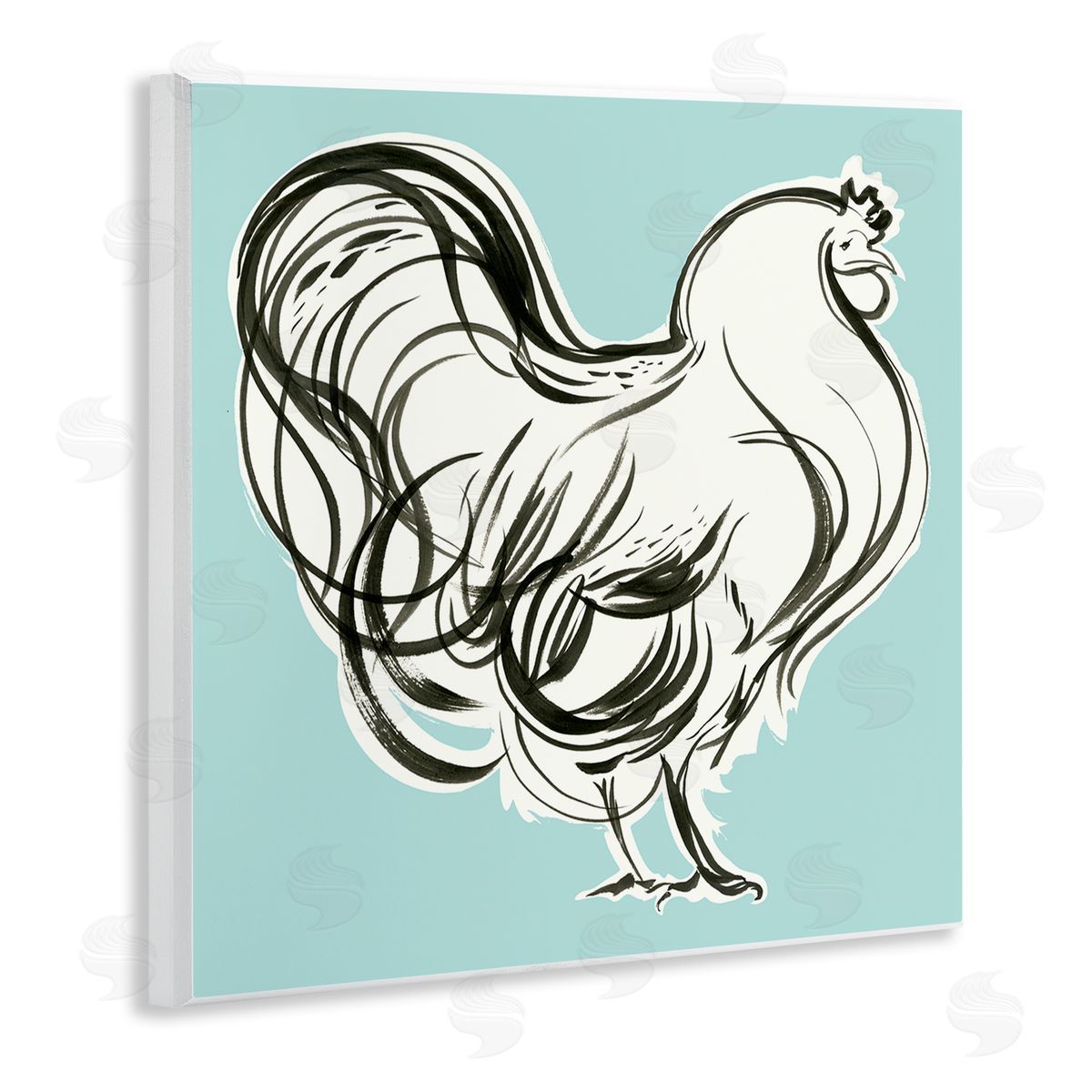 Laura Marr Rooster Drawing on Blue Wooden Wall Plaque Art Print