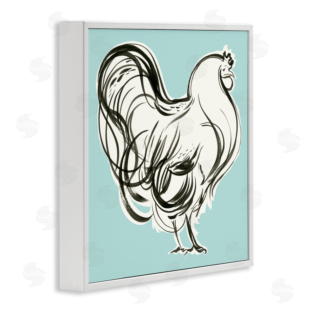 Laura Marr Rooster Drawing on Blue White Framed Glicee Wall Art Print