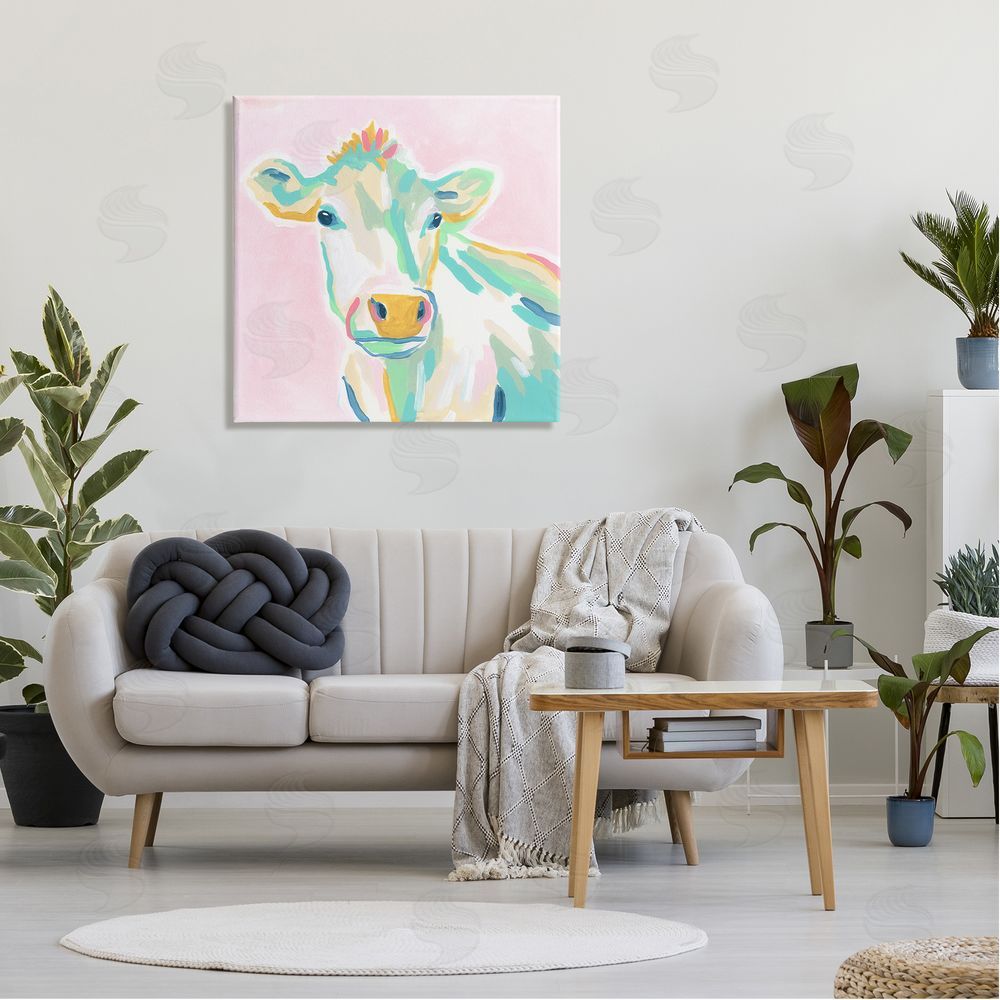 June Erica Vess Pastel Cow Painting Canvas Wall Art in Room