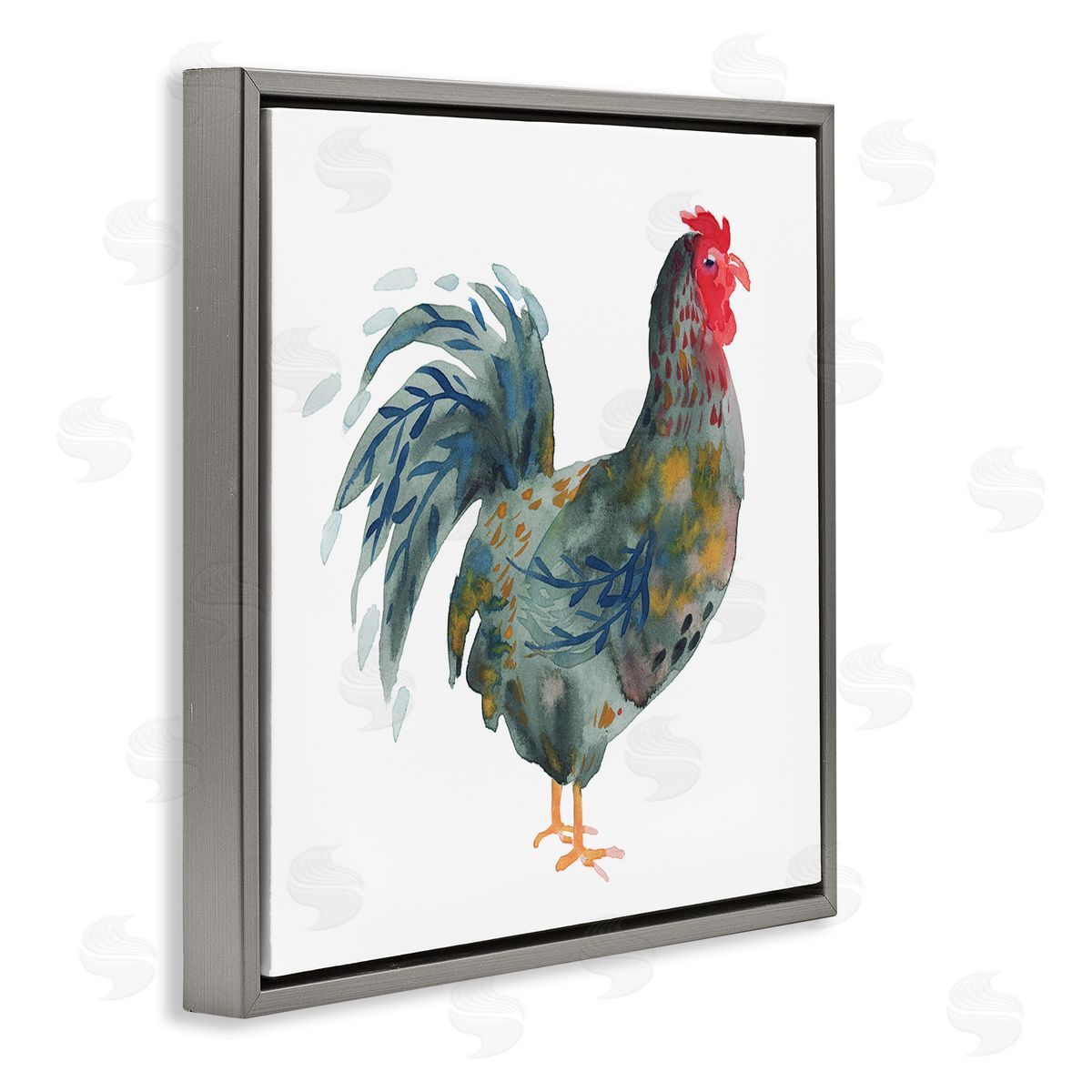 Claudia Bianchi Floral Patterned Rooster Gray Floating Frame Canvas Wall Art Print
