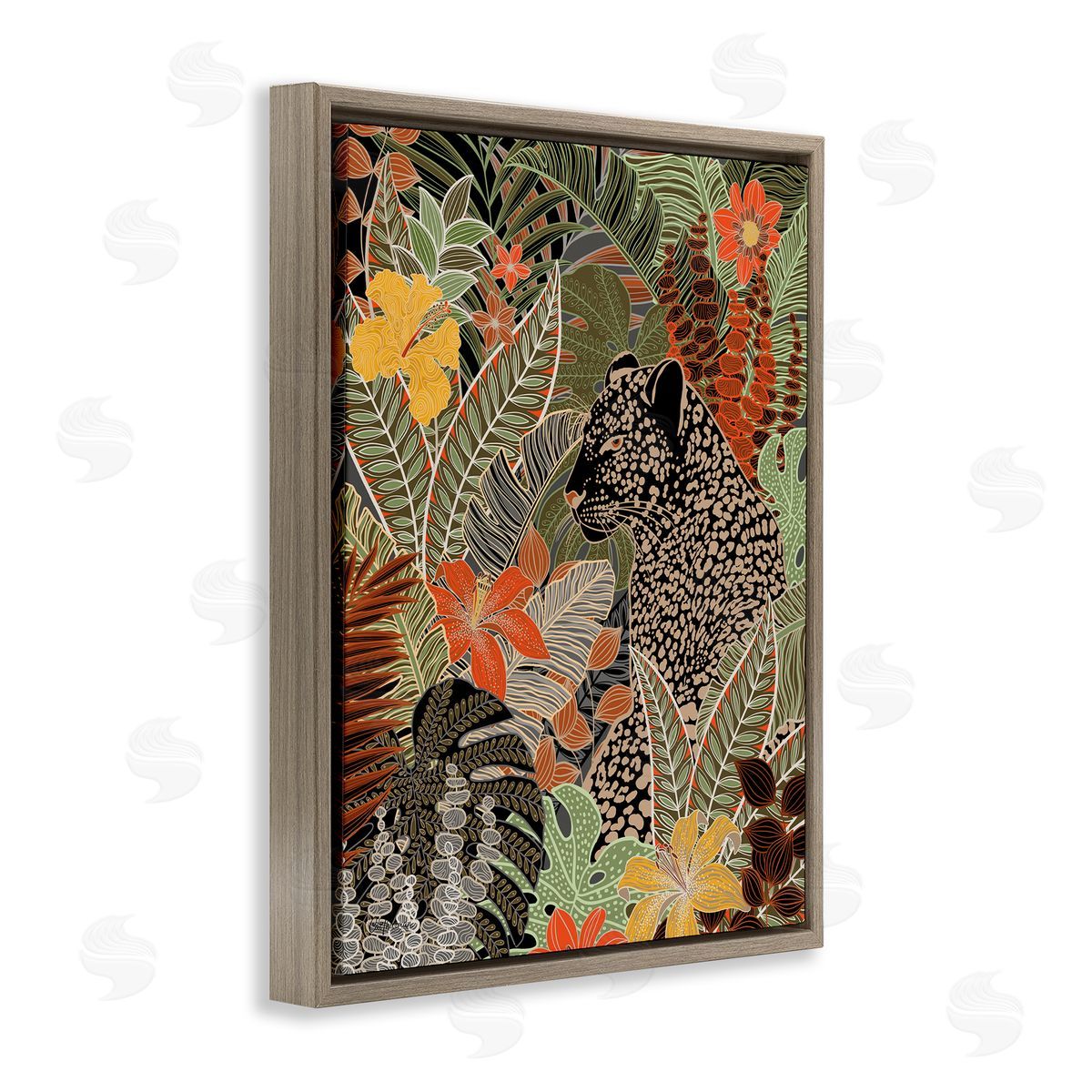 Leopard in Jungle Pattern Brown Floating Frame Canvas Wall Art, Home Decor by Cat Thurman Designs