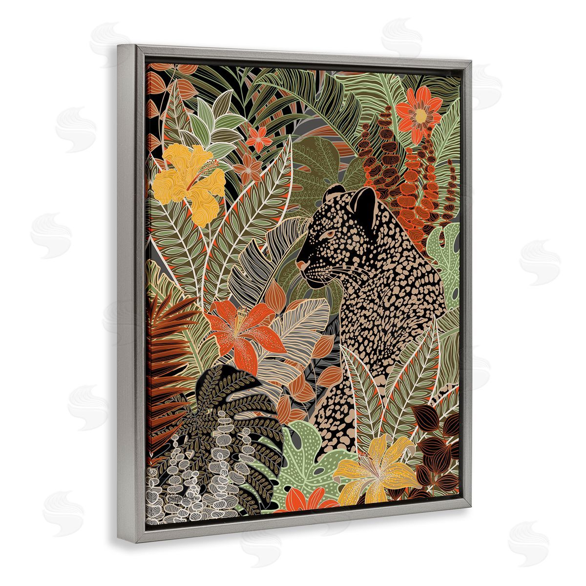 Leopard in Jungle Pattern Grey Floating Frame Canvas Wall Art, Home Decor by Cat Thurman Designs
