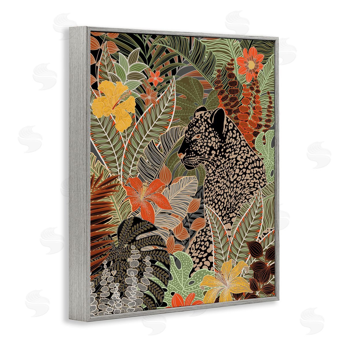 Leopard in Jungle Pattern Grey Frame Print Wall Art, Home Decor by Cat Thurman Designs