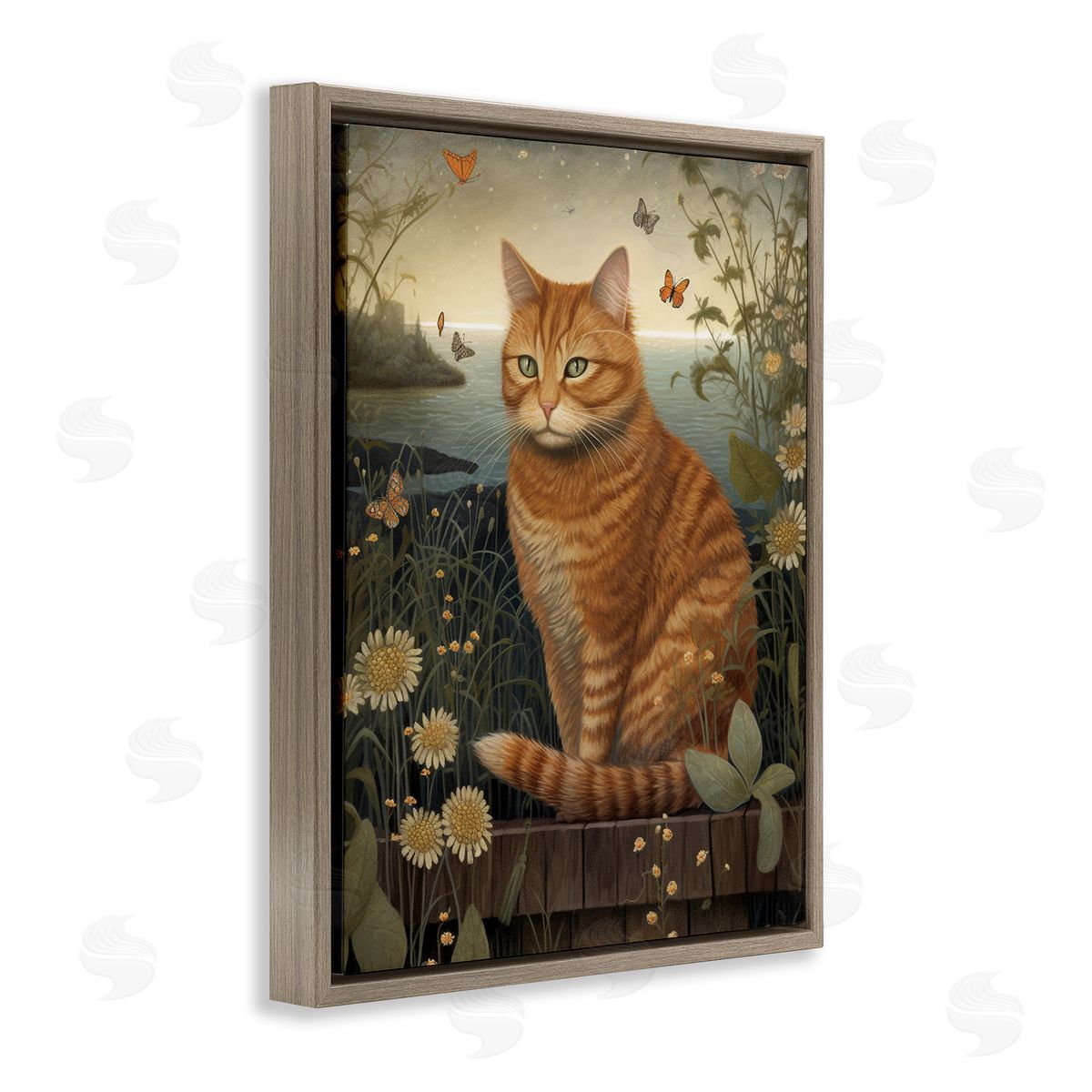 Orange Cat by Pond Brown Floating Frame Canvas Wall Art, Home Decor by LSR Design Studio