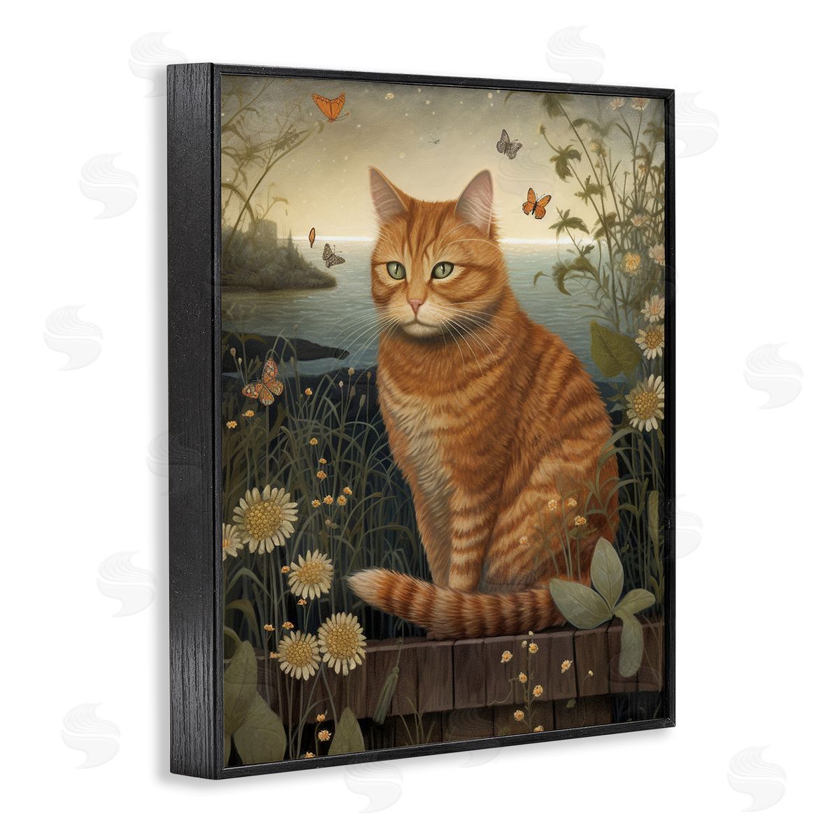 Orange Cat by Pond Black Frame Print Wall Art, Home Decor by LSR Design Studio