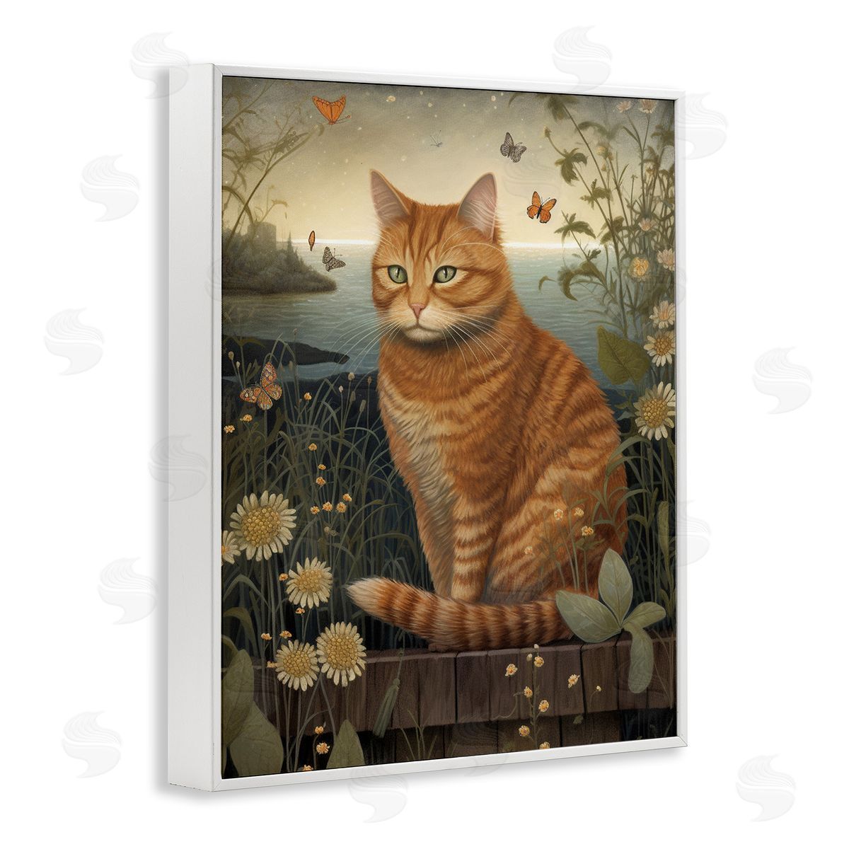 Orange Cat by Pond White Frame Print Wall Art, Home Decor by LSR Design Studio