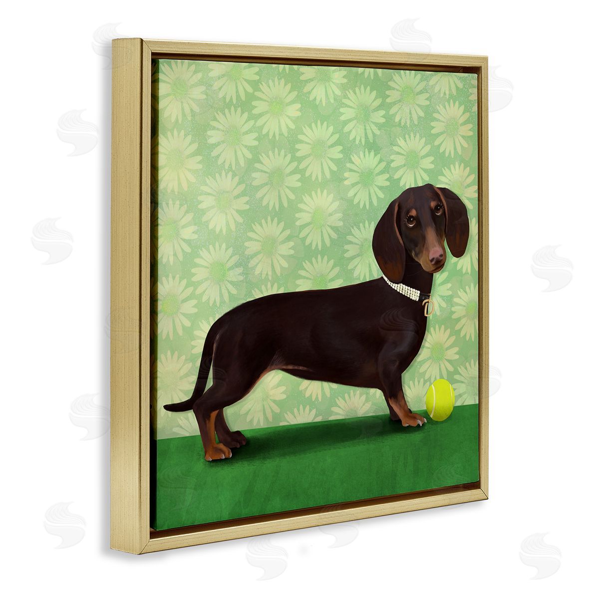 Diane Neukirch Dachshund & Tennis Ball Gold Floating Frame Canvas Wall Art Print