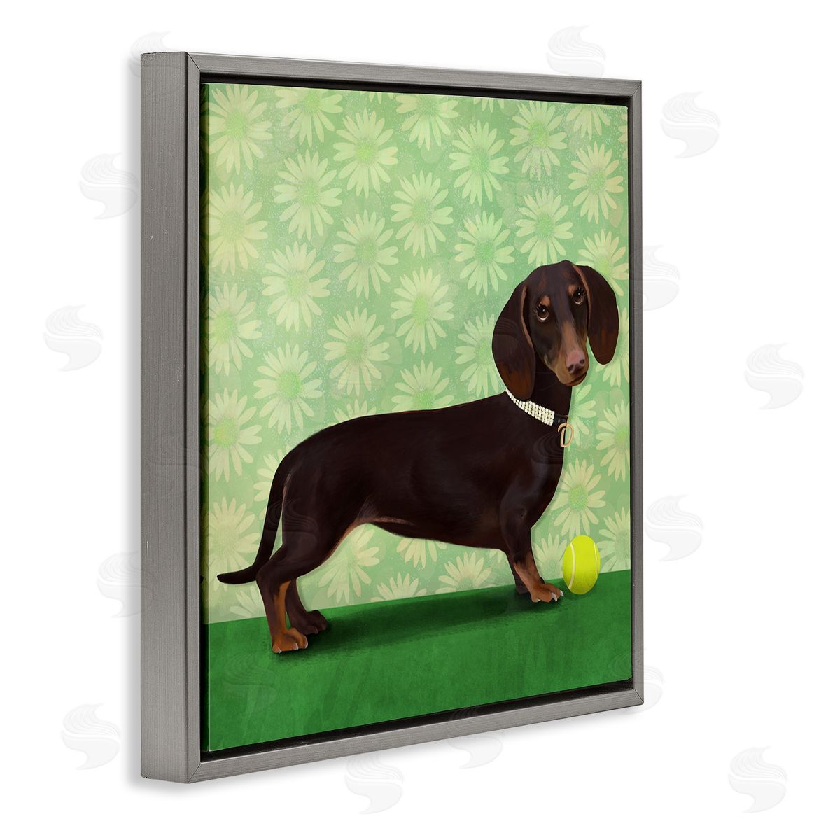 Diane Neukirch Dachshund & Tennis Ball Gray Floating Frame Canvas Wall Art Print