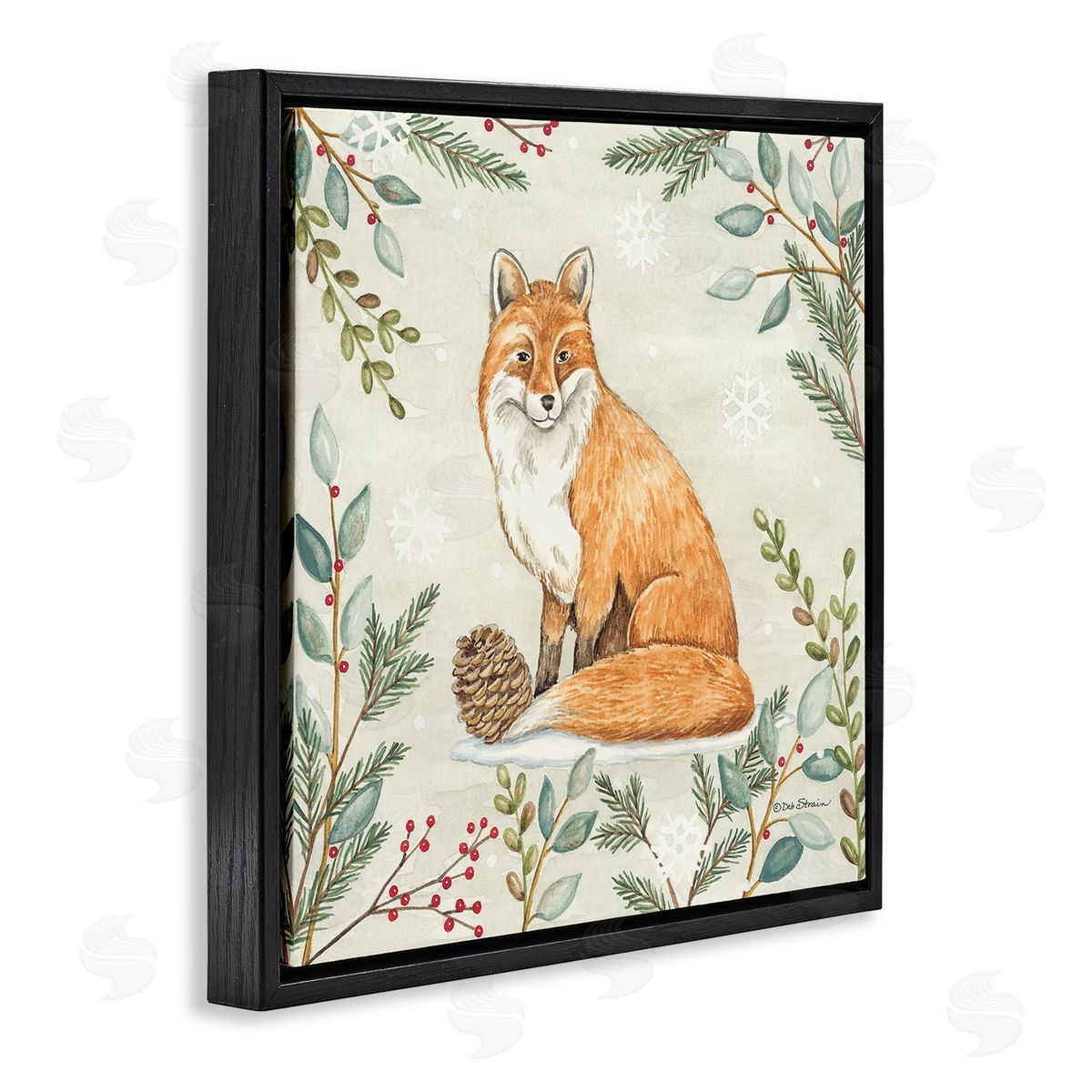 Deb Strain Fox in Winter Forest Black Floating Frame Canvas Wall Art Print