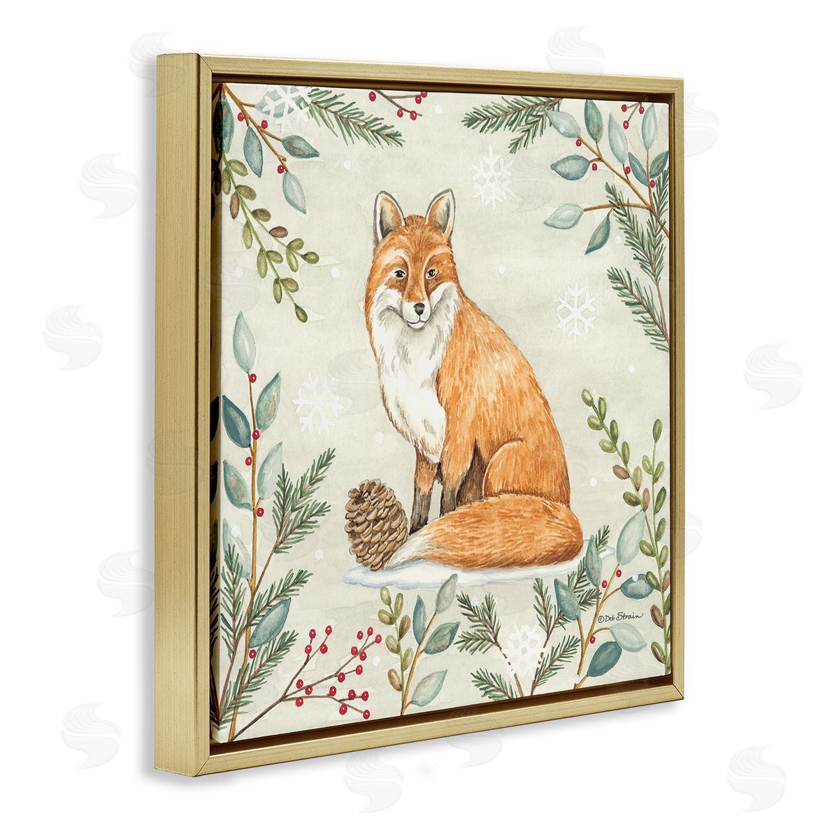 Deb Strain Fox in Winter Forest Gold Floating Frame Canvas Wall Art Print