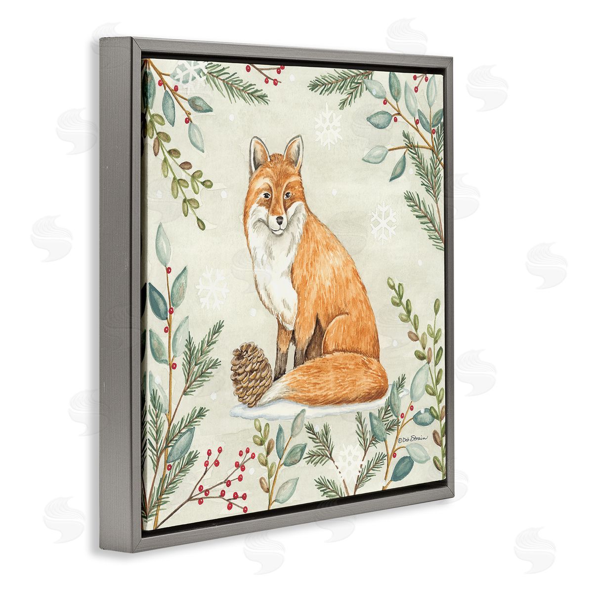 Deb Strain Fox in Winter Forest Gray Floating Frame Canvas Wall Art Print