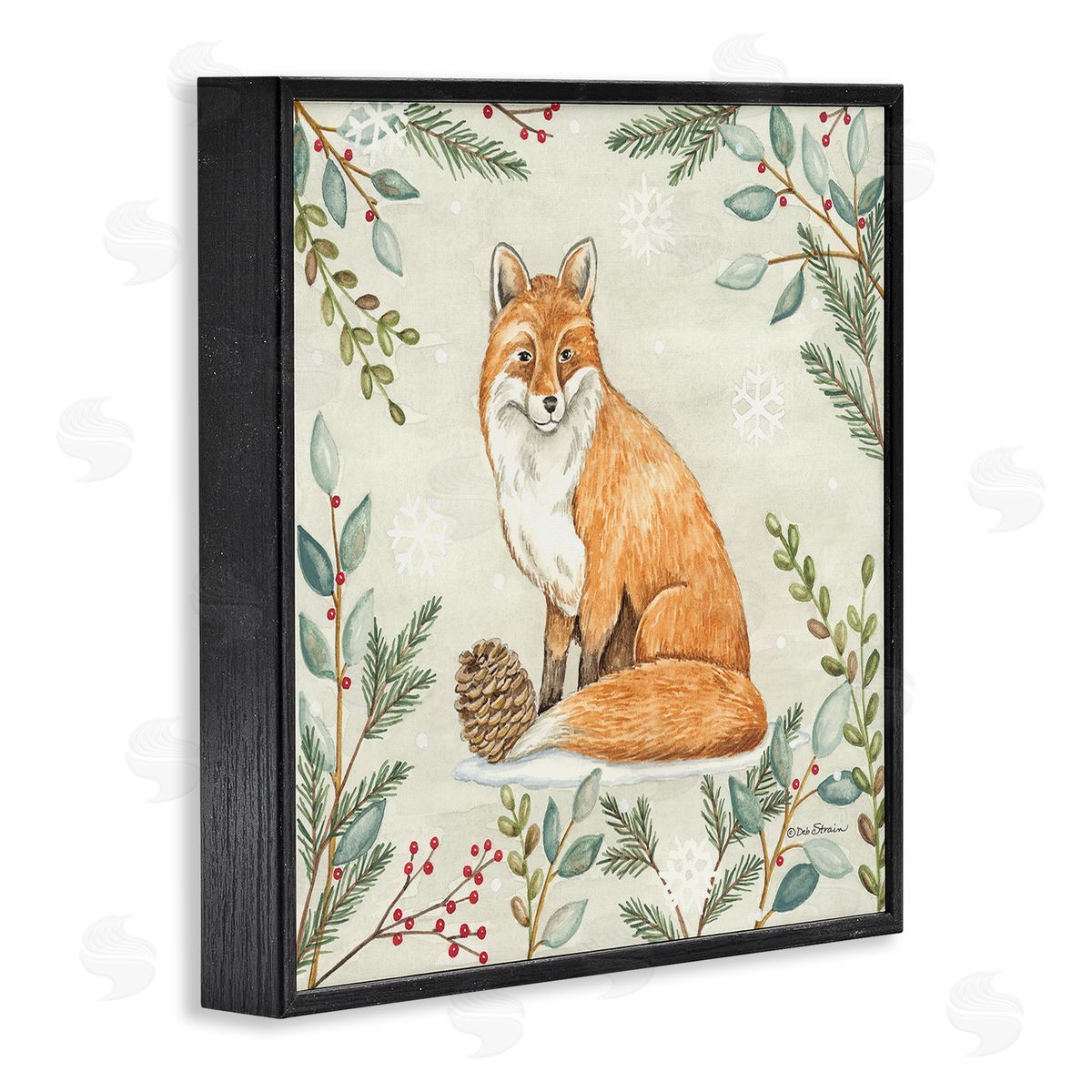 Deb Strain Fox in Winter Forest Black Framed Glicee Wall Art Print