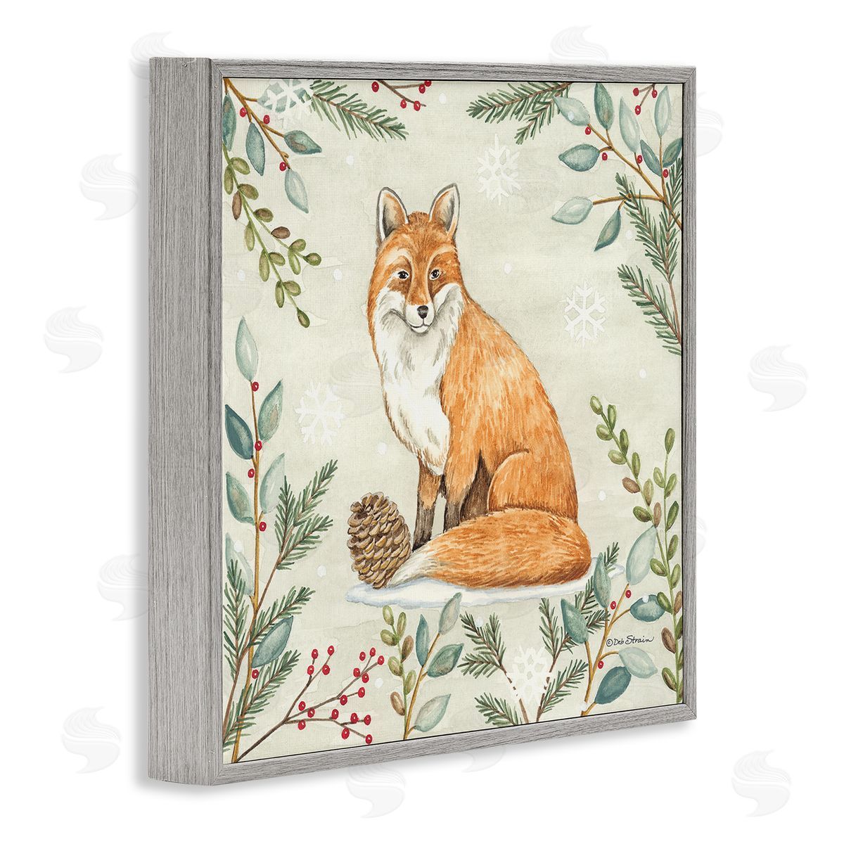 Deb Strain Fox in Winter Forest Gray Framed Glicee Wall Art Print