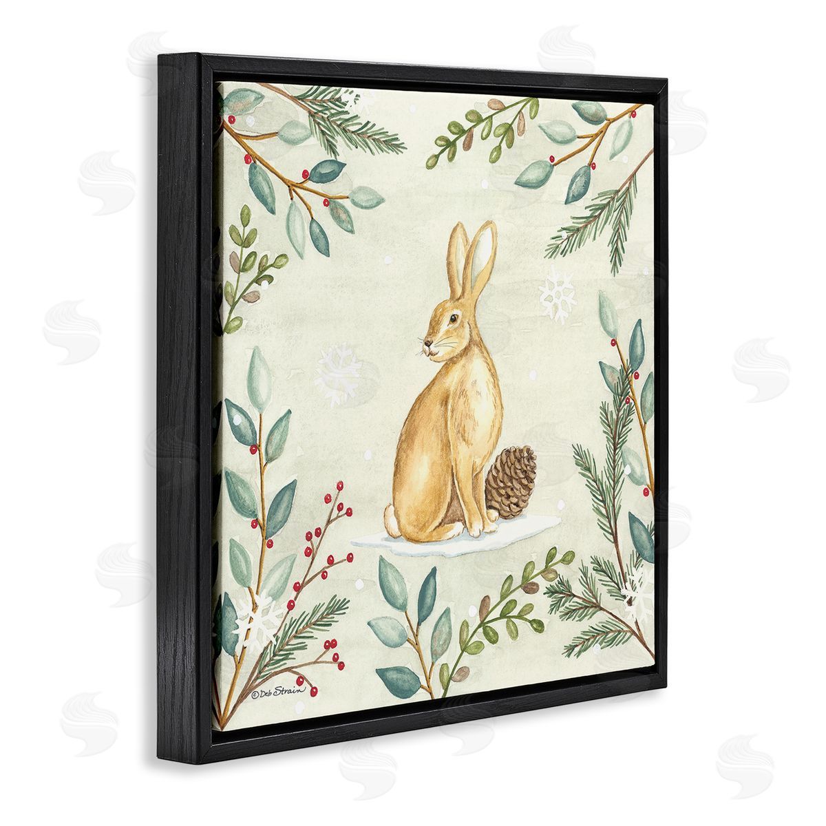 Deb Strain Winter Rabbit & Pinecone Black Floating Frame Canvas Wall Art Print