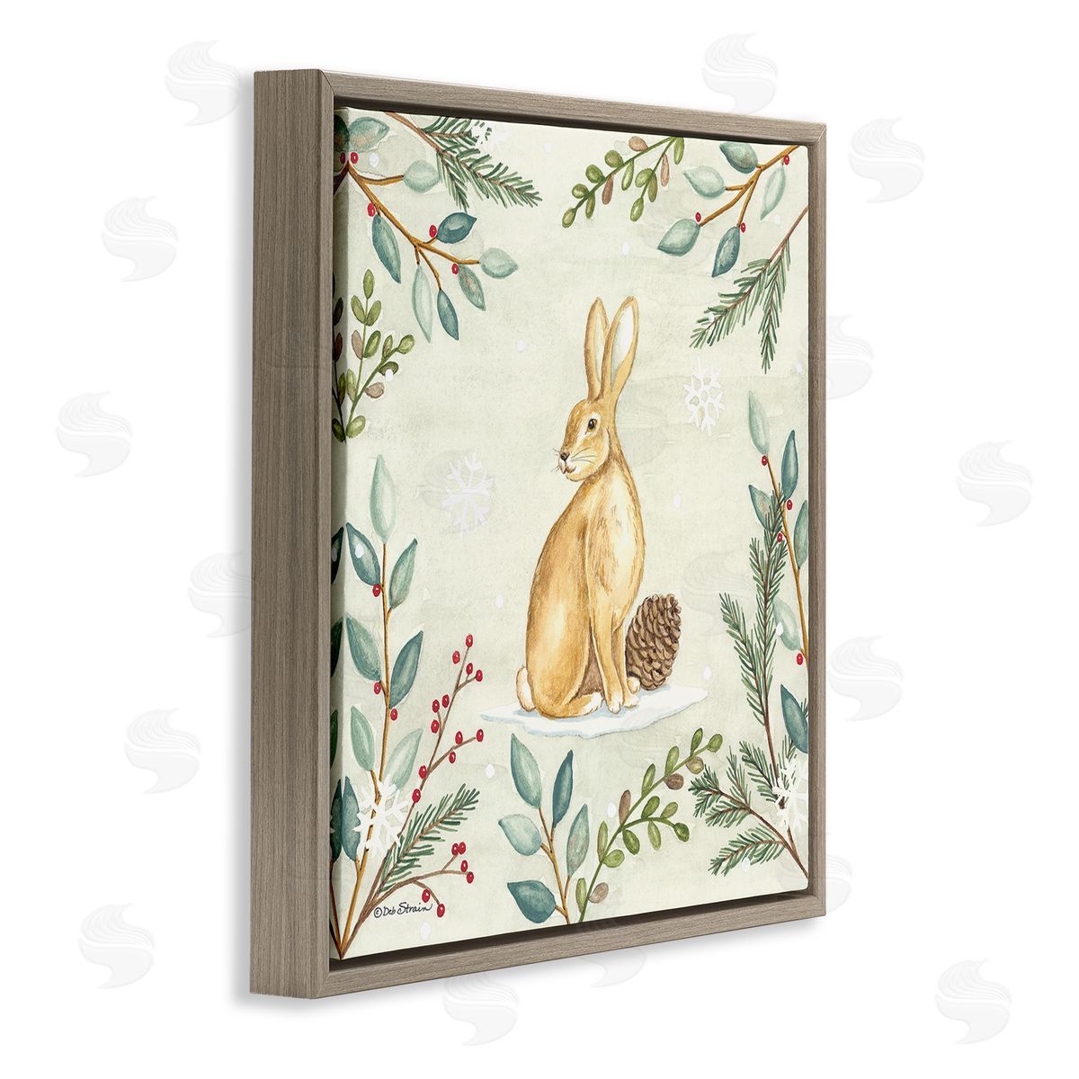 Deb Strain Winter Rabbit & Pinecone Brown Floating Frame Canvas Wall Art Print