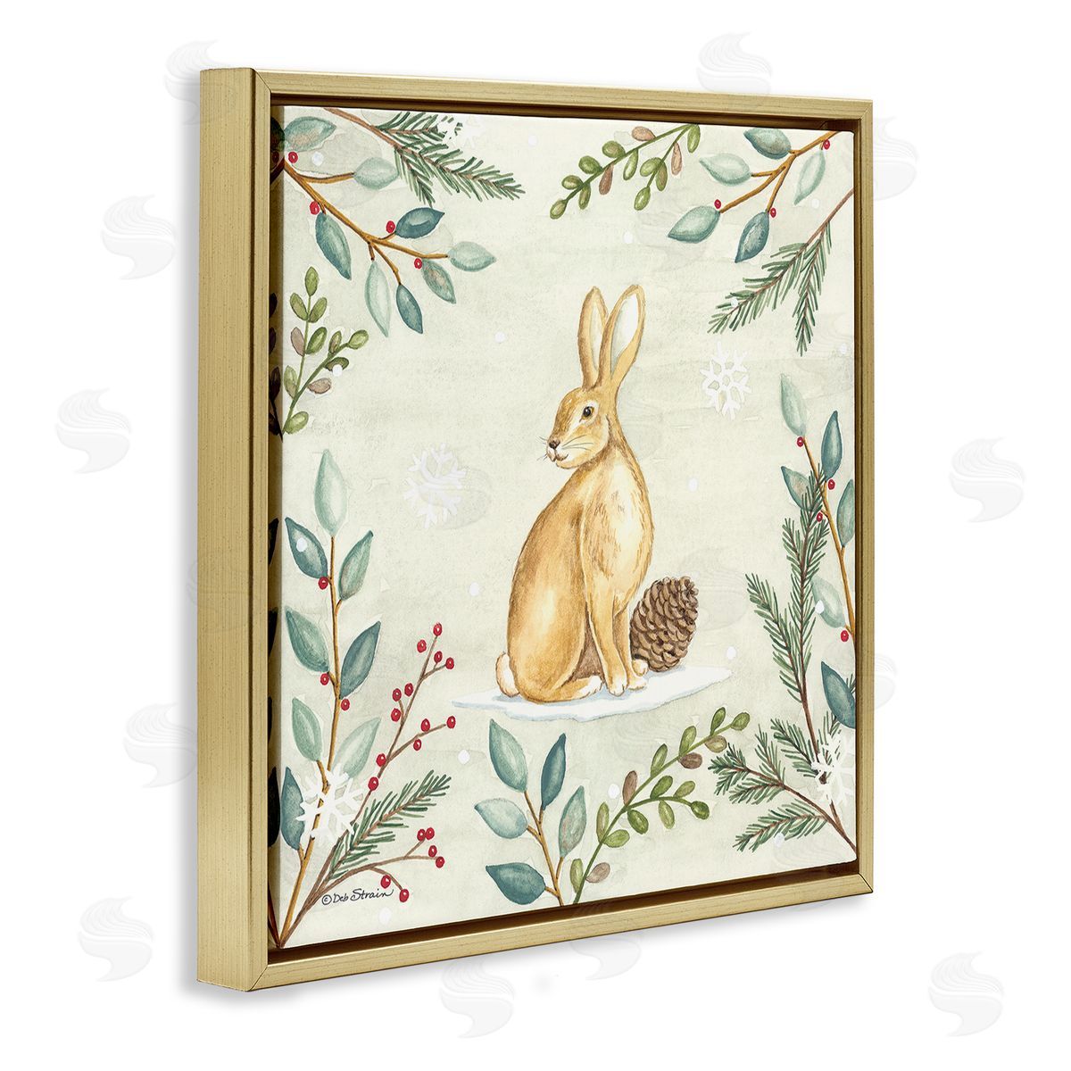 Deb Strain Winter Rabbit & Pinecone Gold Floating Frame Canvas Wall Art Print