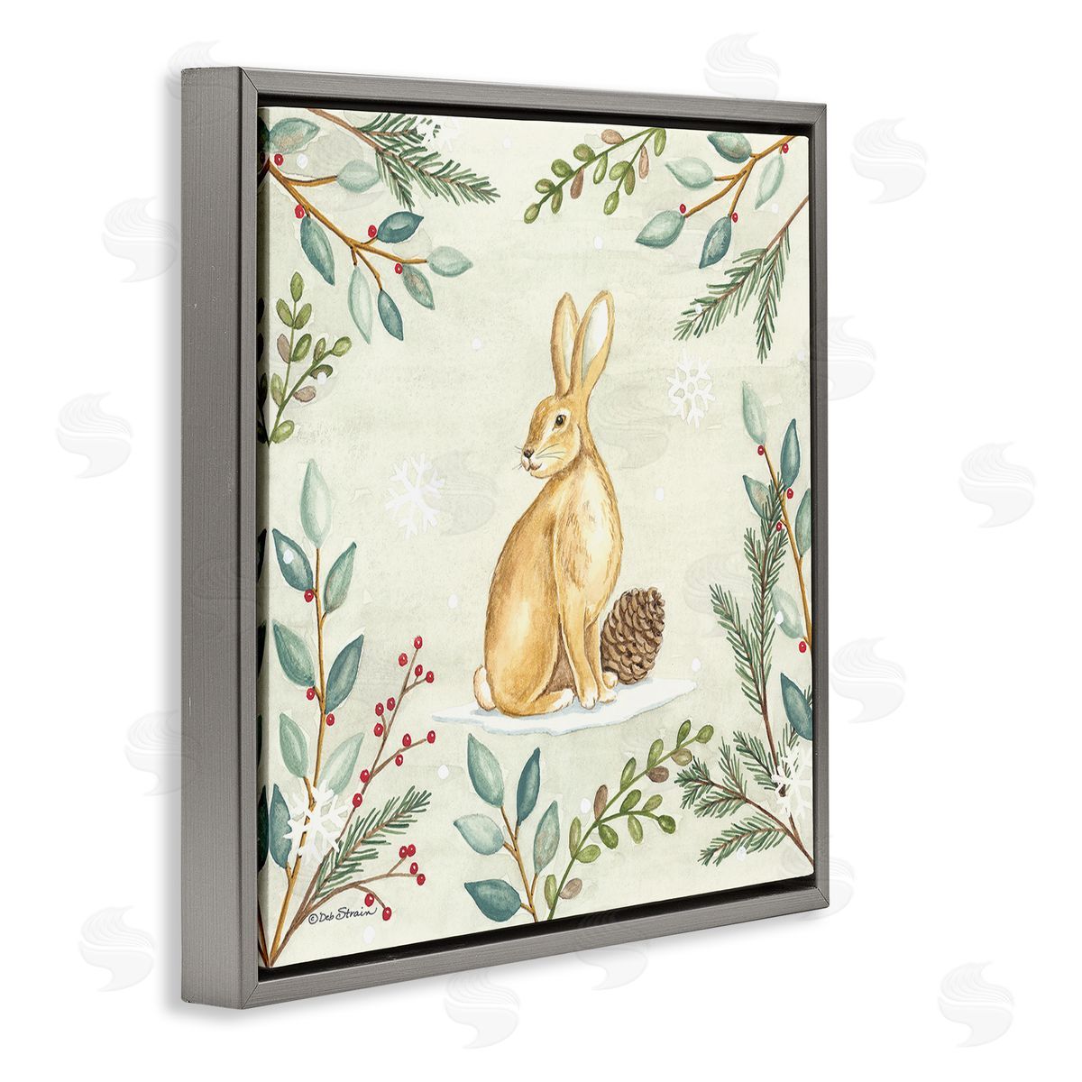 Deb Strain Winter Rabbit & Pinecone Gray Floating Frame Canvas Wall Art Print
