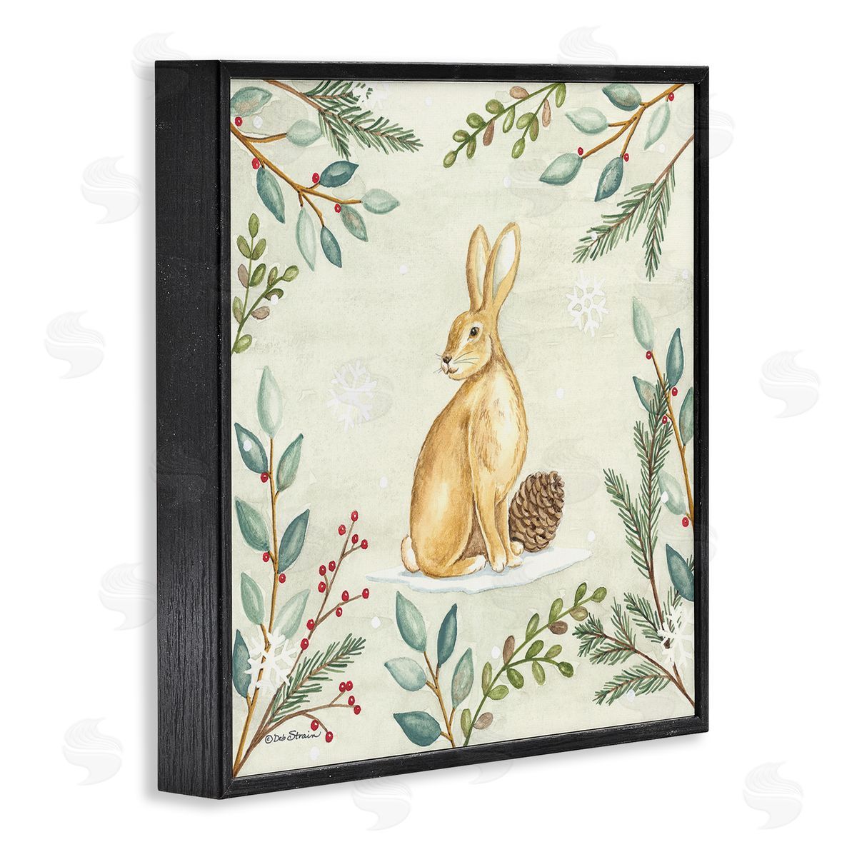 Deb Strain Winter Rabbit & Pinecone Black Framed Glicee Wall Art Print