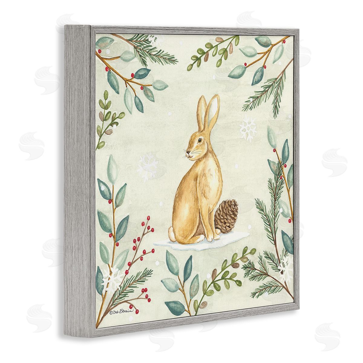 Deb Strain Winter Rabbit & Pinecone Gray Framed Glicee Wall Art Print