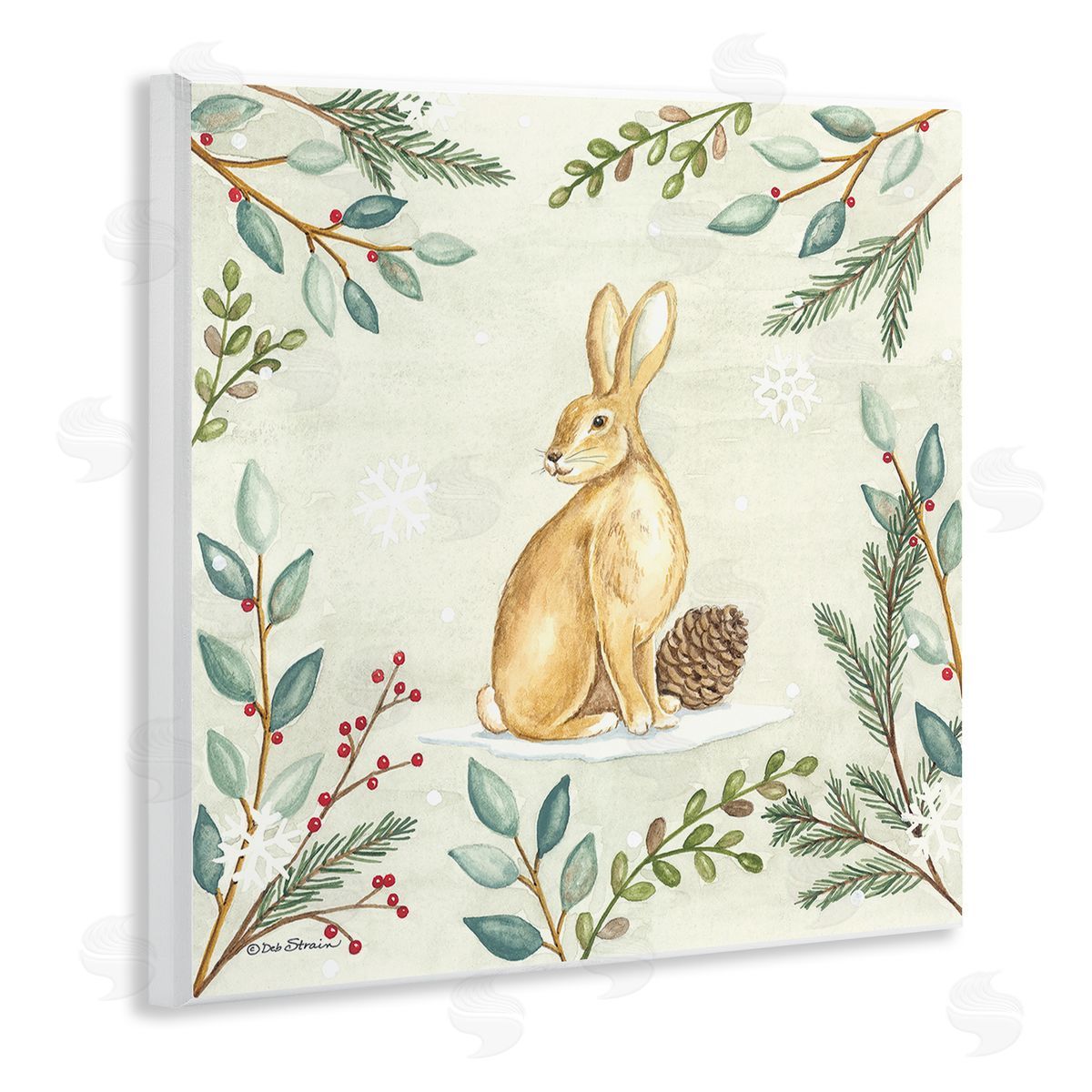 Deb Strain Winter Rabbit & Pinecone Wooden Wall Plaque Art Print