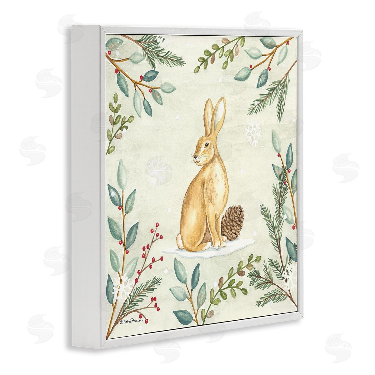 Deb Strain Winter Rabbit & Pinecone White Framed Glicee Wall Art Print