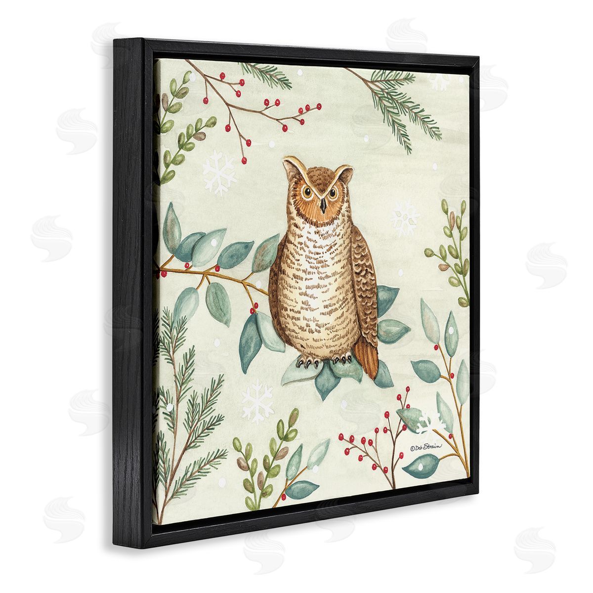 Deb Strain Owl in Woodland Winter Black Floating Frame Canvas Wall Art Print