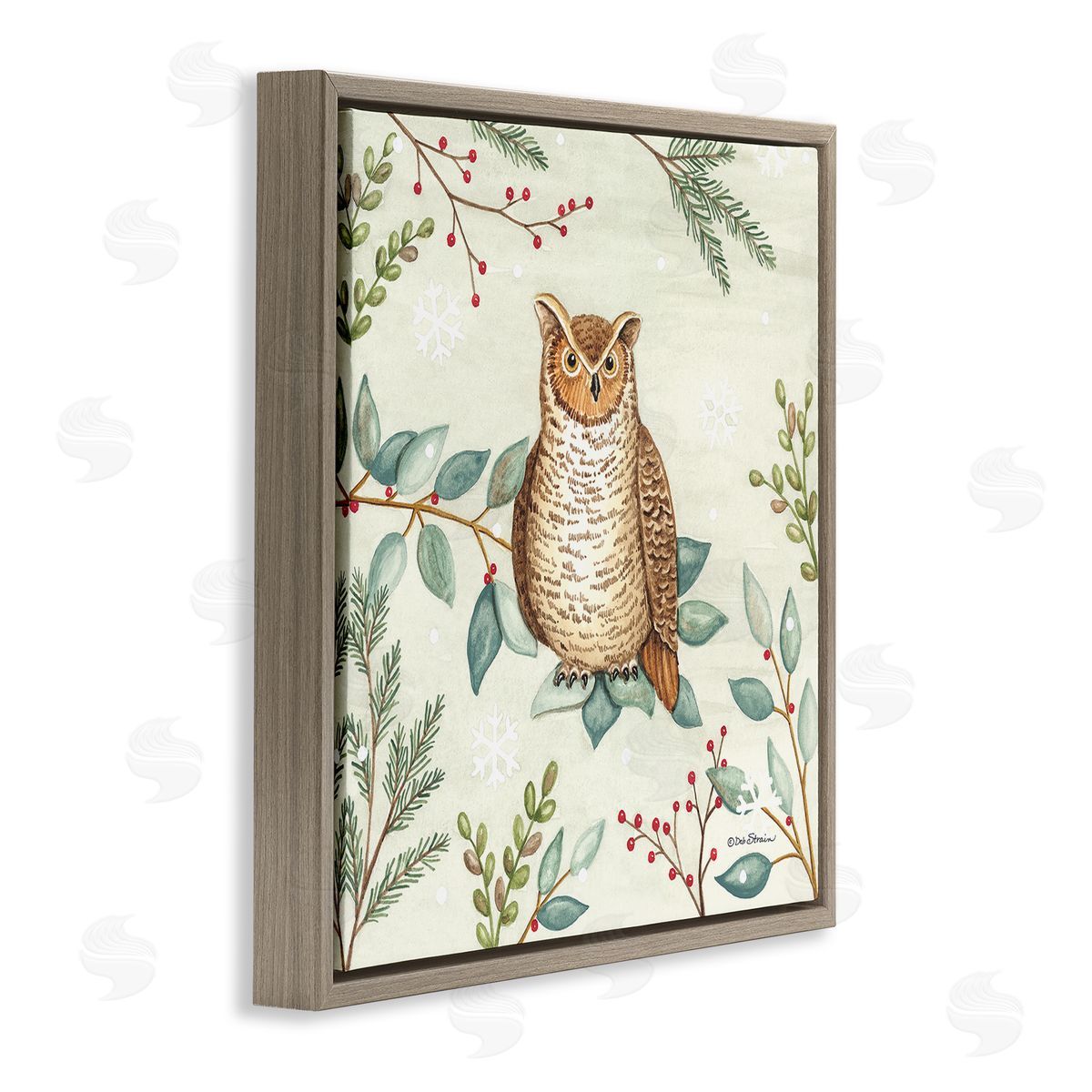 Deb Strain Owl in Woodland Winter Brown Floating Frame Canvas Wall Art Print