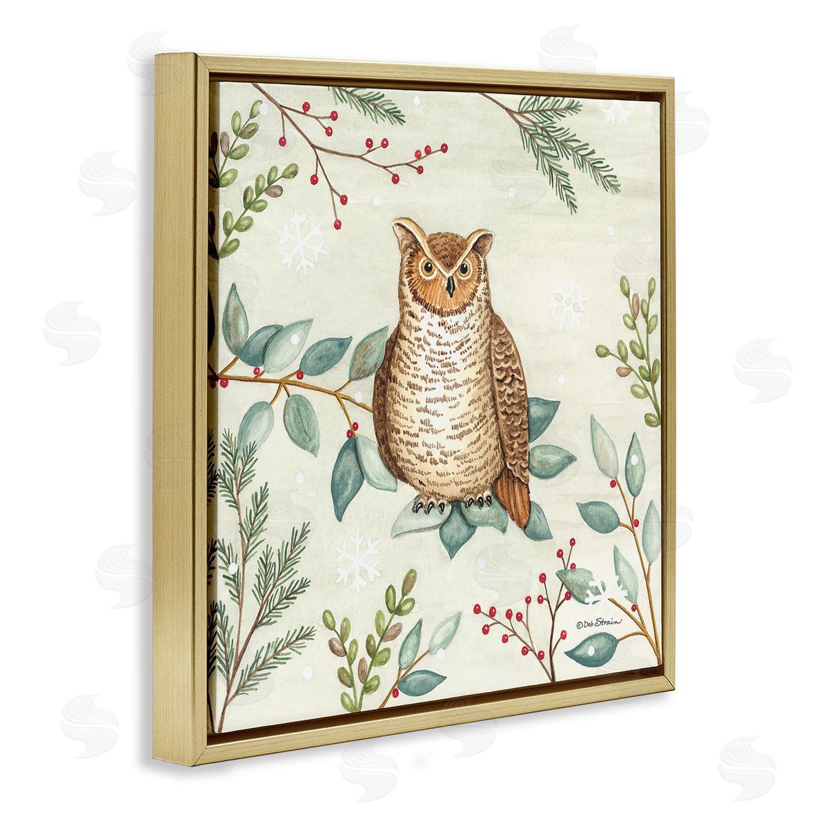 Deb Strain Owl in Woodland Winter Gold Floating Frame Canvas Wall Art Print
