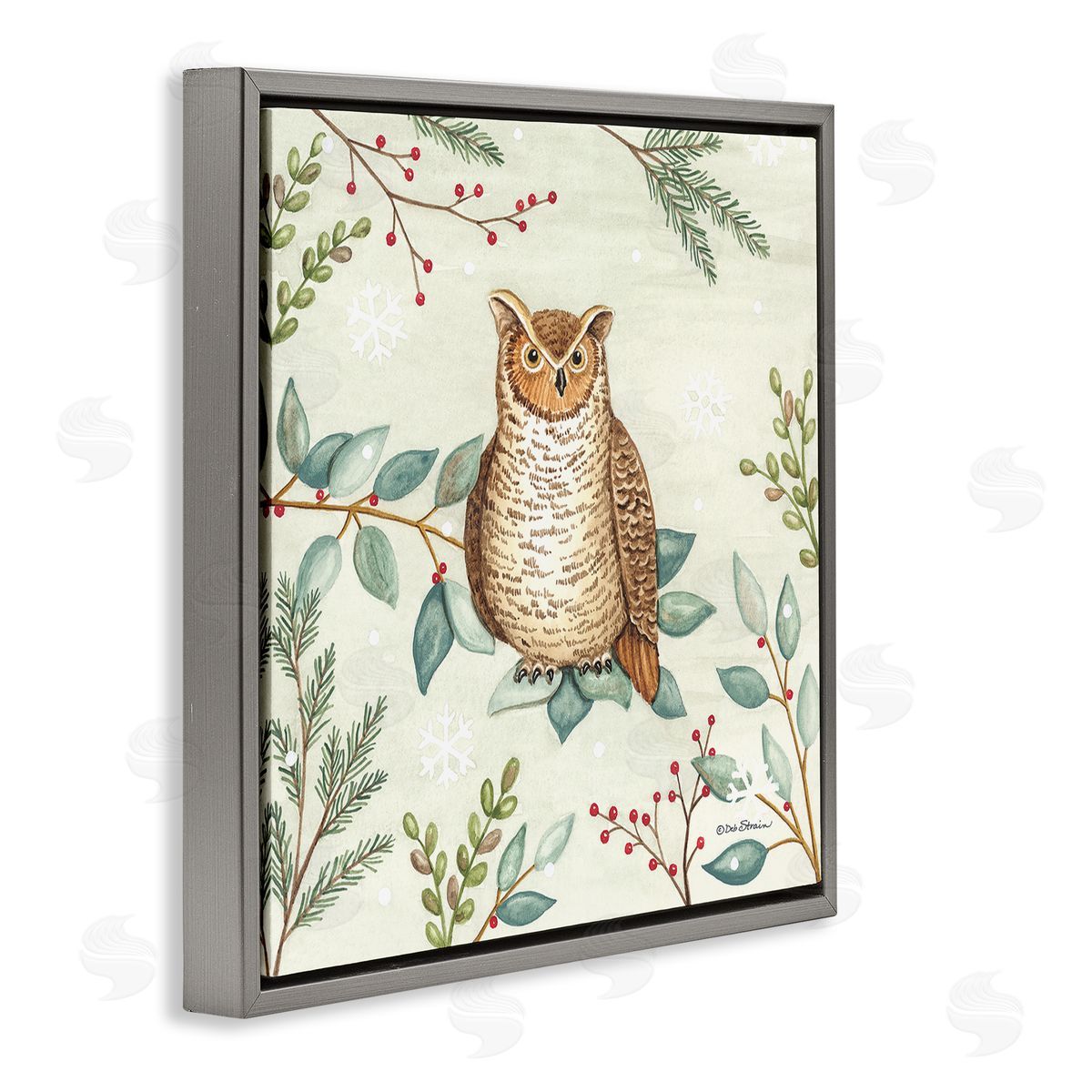 Deb Strain Owl in Woodland Winter Gray Floating Frame Canvas Wall Art Print
