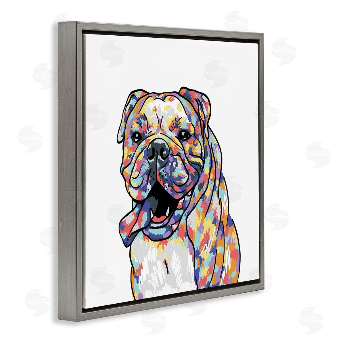 Masey St. Studios Happy Bulldog Portrait Gray Floating Frame Canvas Wall Art Print