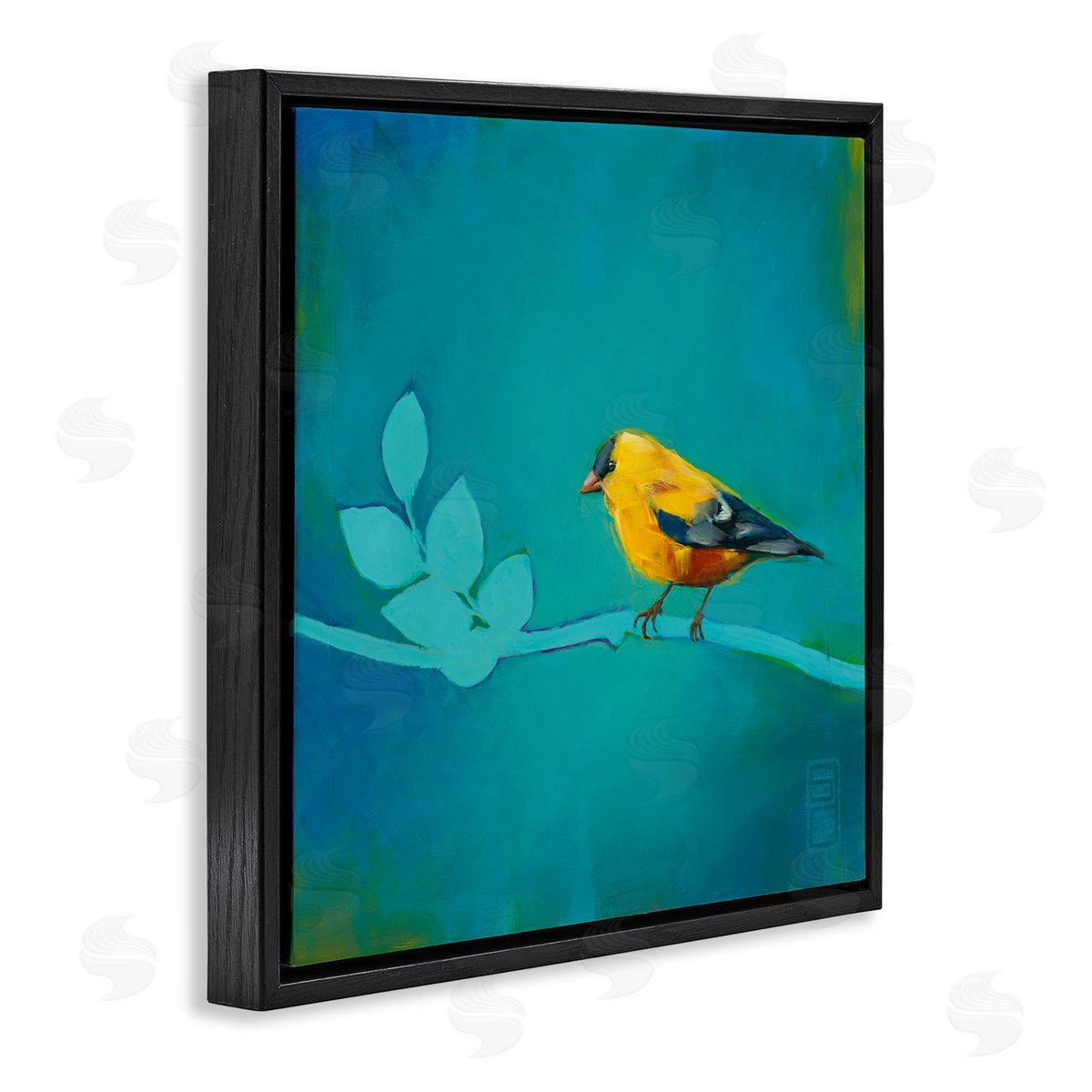 Stacy D'Aguiar Canary with Abstract Branch Black Floating Frame Canvas Wall Art Print