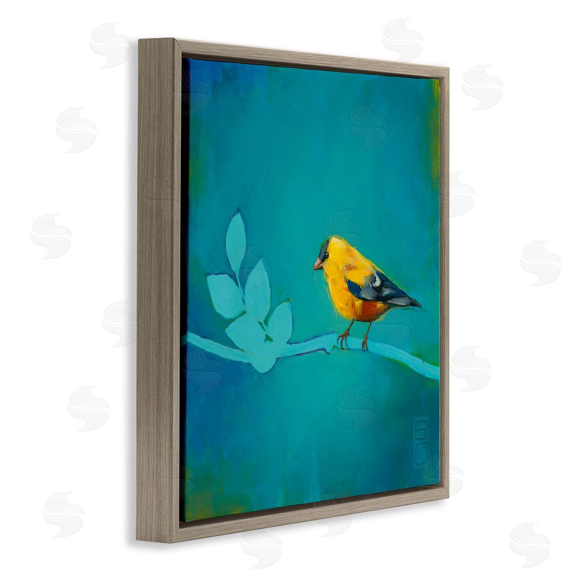 Stacy D'Aguiar Canary with Abstract Branch Brown Floating Frame Canvas Wall Art Print
