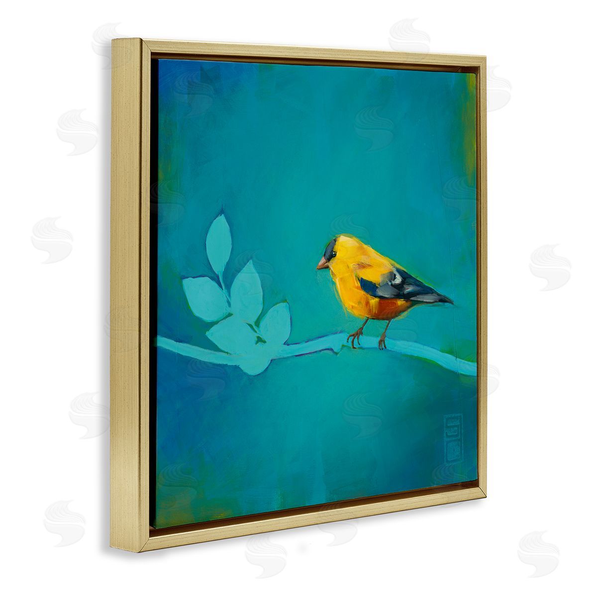 Stacy D'Aguiar Canary with Abstract Branch Gold Floating Frame Canvas Wall Art Print