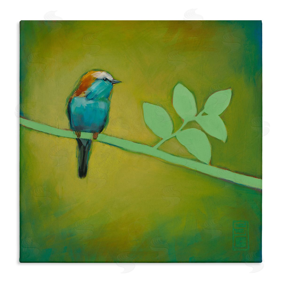 Stacy D'Aguiar Bird on Green Branch Stretched Canvas Wall Art Print