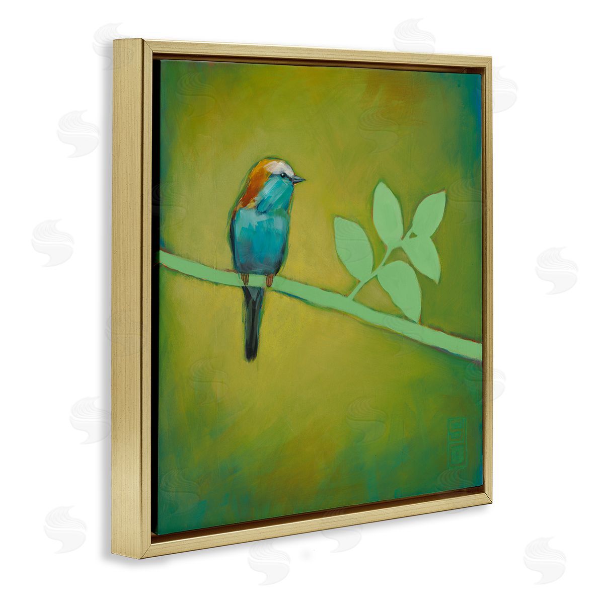 Stacy D'Aguiar Bird on Green Branch Gold Floating Frame Canvas Wall Art Print