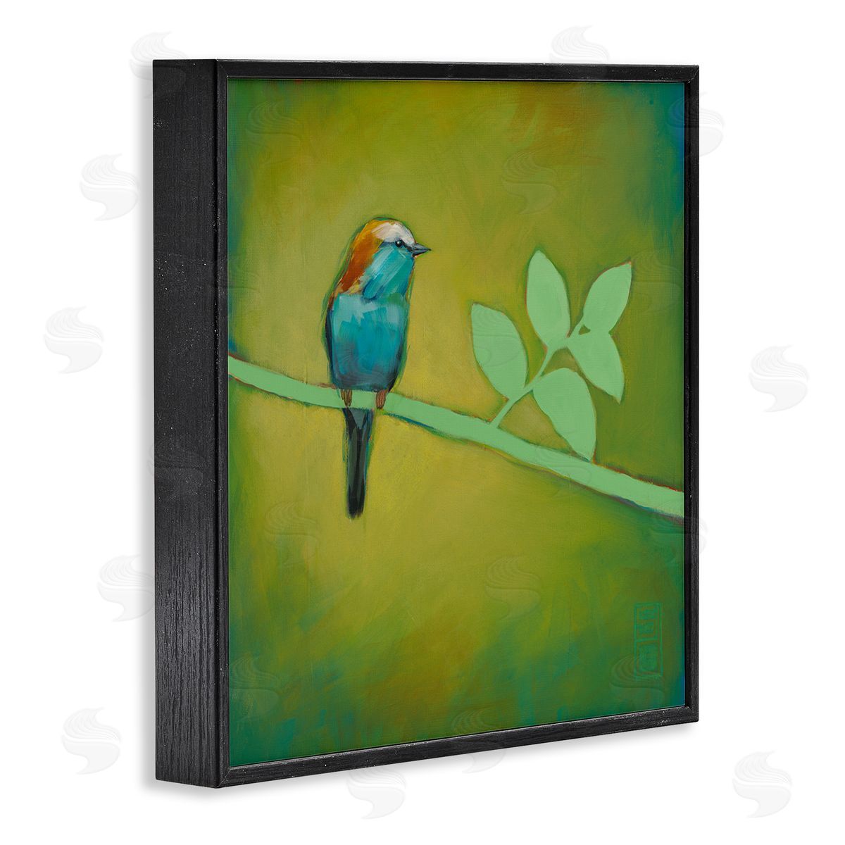 Stacy D'Aguiar Bird on Green Branch Black Framed Glicee Wall Art Print