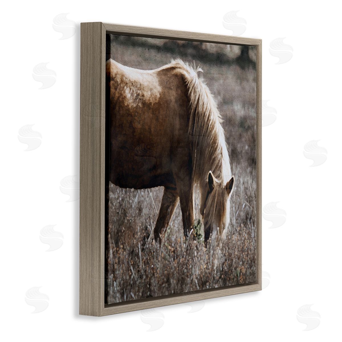 LSR Design Studio Wild Horse Grazing Brown Floating Frame Canvas Wall Art Print