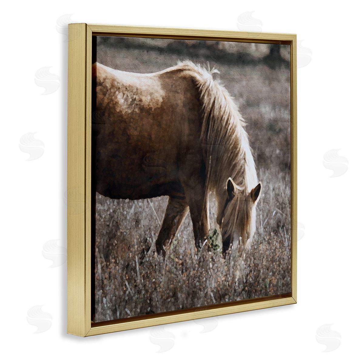 LSR Design Studio Wild Horse Grazing Gold Floating Frame Canvas Wall Art Print