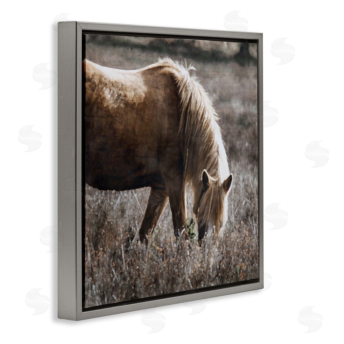 LSR Design Studio Wild Horse Grazing Gray Floating Frame Canvas Wall Art Print