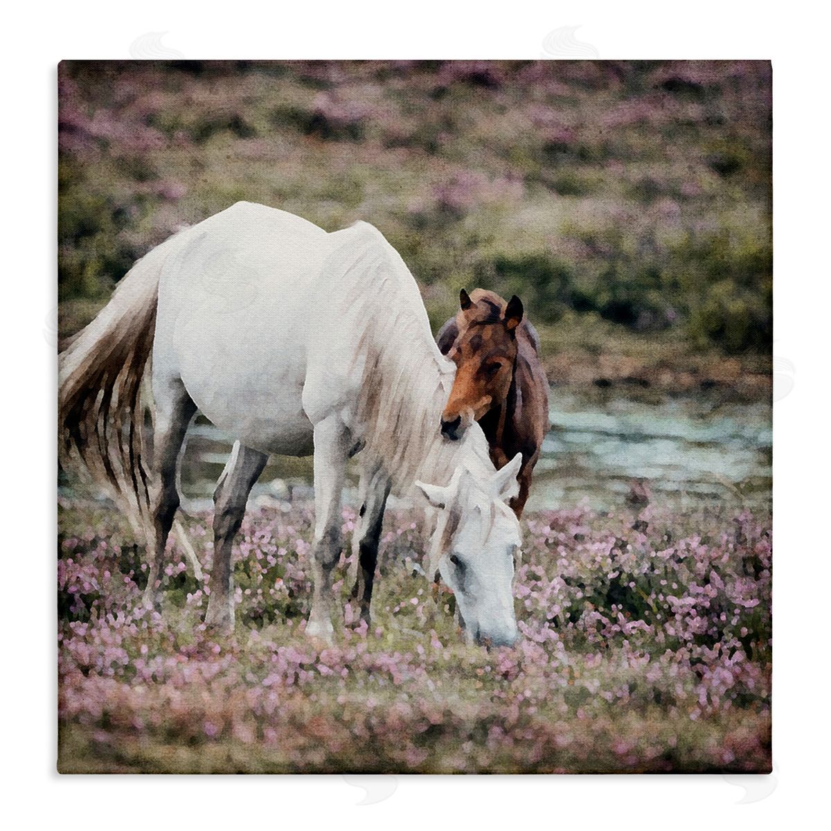 LSR Design Studio Horses Grazing by River Stretched Canvas Wall Art Print