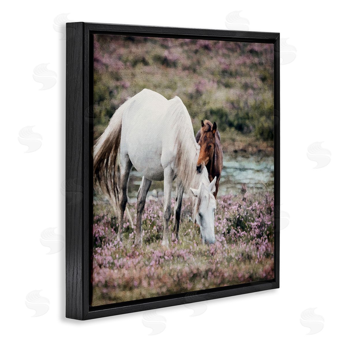 LSR Design Studio Horses Grazing by River Black Floating Frame Canvas Wall Art Print