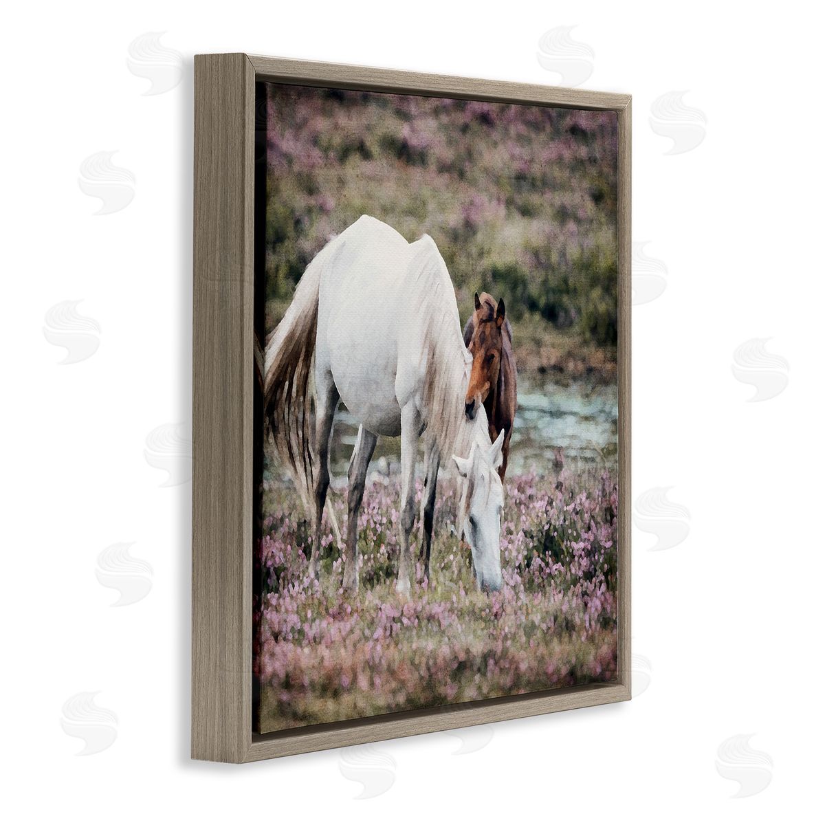 LSR Design Studio Horses Grazing by River Brown Floating Frame Canvas Wall Art Print