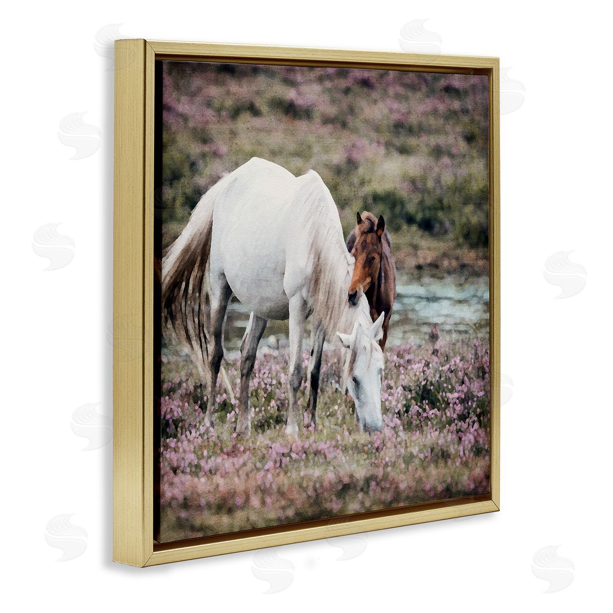 LSR Design Studio Horses Grazing by River Gold Floating Frame Canvas Wall Art Print