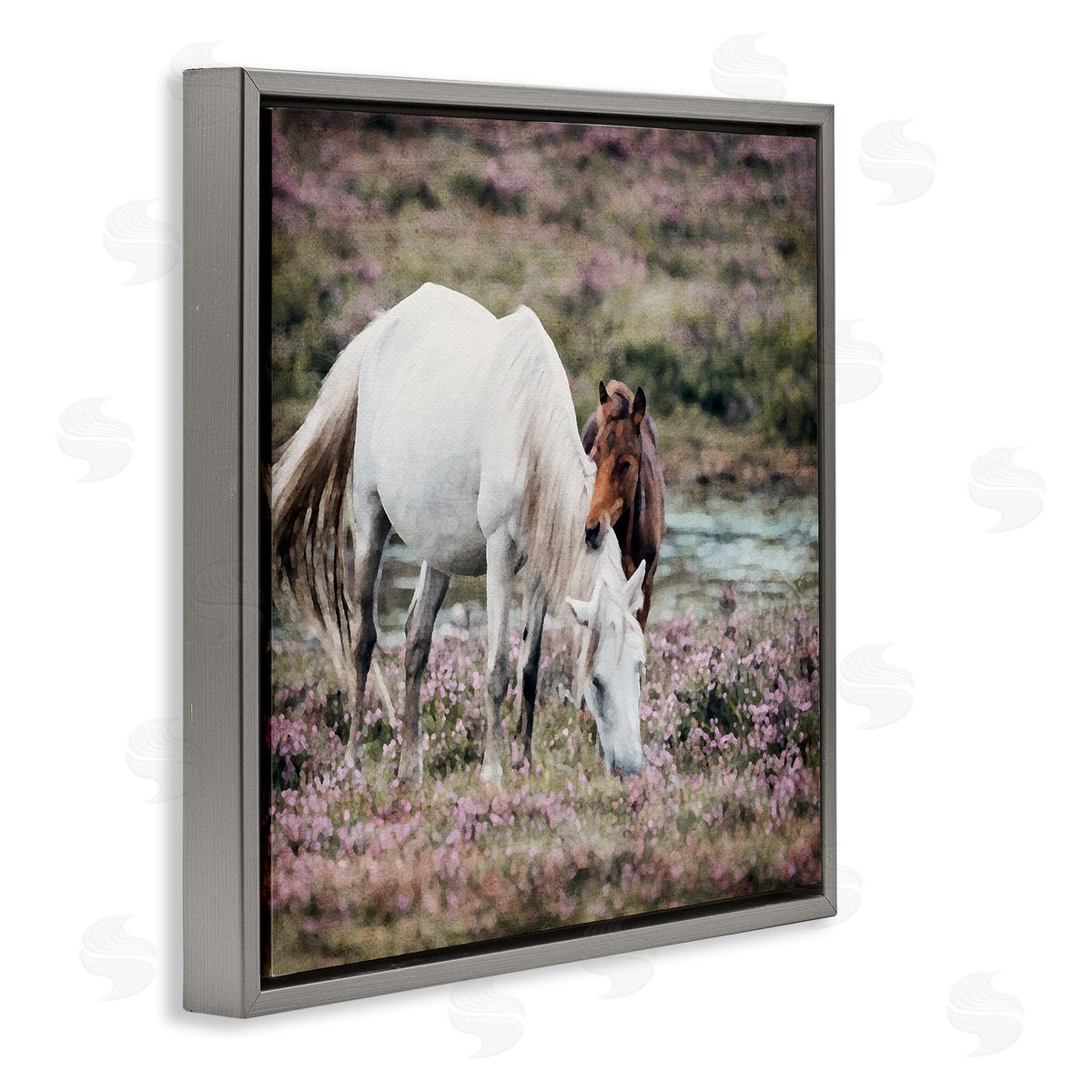 LSR Design Studio Horses Grazing by River Gray Floating Frame Canvas Wall Art Print