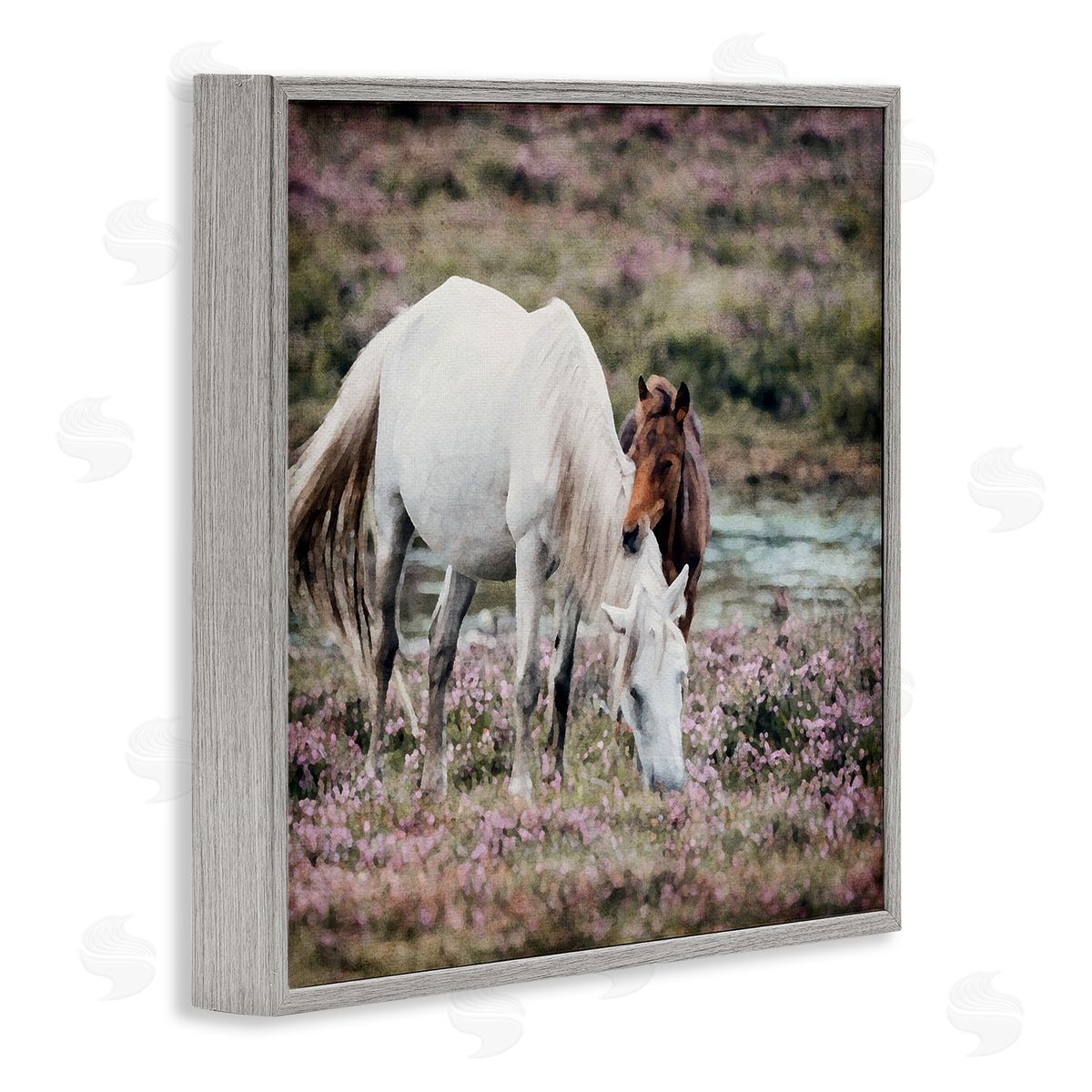LSR Design Studio Horses Grazing by River Gray Framed Glicee Wall Art Print