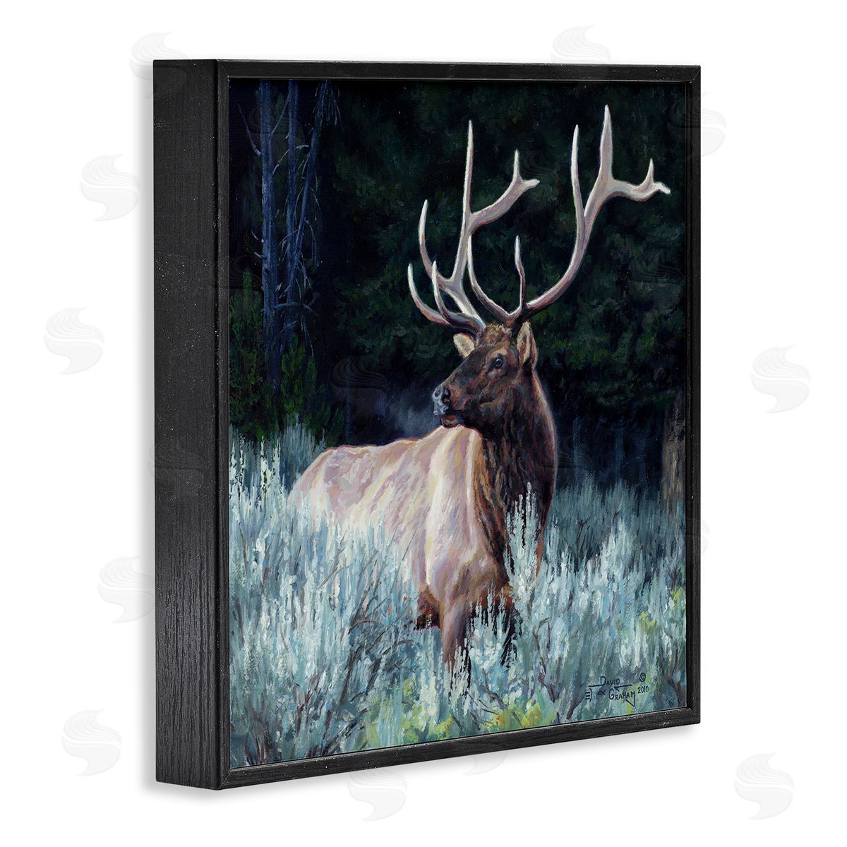 David Graham Elk in Forest Painting Black Framed Glicee Wall Art Print